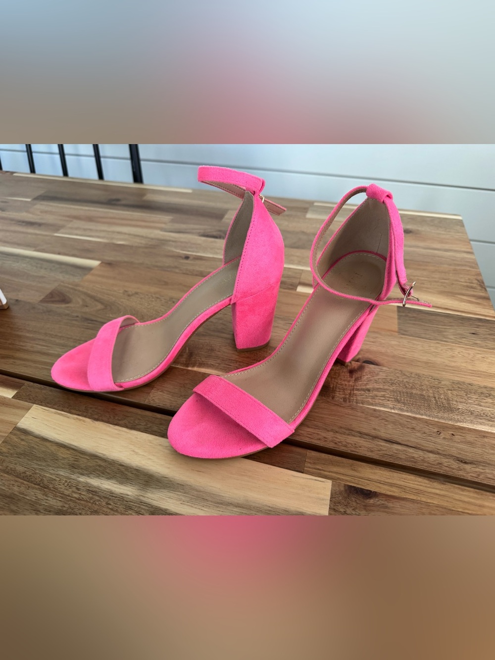 Women’s Pink Suede Chunky Block Heel Ankle Strap Sandals
